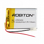 Аккумулятор  Li-Po 3.7V 1100mAh LP603450, [3,7В] [1100мАч] [50*34*6мм][плоский][с проводом], Robiton