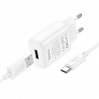Зарядное устройство Hoco C134A USB-A 5В/2.4A, кабель с USB Type-C, белое, СЗУ/разъем USB-A/ ABS пластик/длина кабеля 1м/ 79*38*25мм /53 г, Hoco