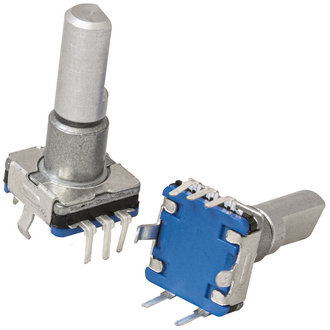 Энкодер EC11E15244B2 (EC11E 30/15 20mm pushpin) с переключателем, 30 щелчков, 15 импульсов, металлический вал с лыской 20мм, Китай