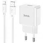Зарядное устройство Hoco C106A USB-A 2.1A, 10.5Вт, кабель с Lightning 8-pin, белое, СЗУ/разъем USB-A - Lightning 8-pin/ длина кабеля 1м/ 75*40*24 мм/ 54г, Hoco