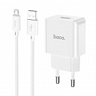 Зарядное устройство Hoco C106A USB-A 2.1A, 10.5Вт, кабель с microUSB, белое, СЗУ/разъем USB-A - microUSB/ длина кабеля 1м/ 75*40*24 мм/ 54г, Hoco