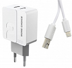 Зарядное устройство More Choice NC46i USB*2  2.4A, кабель с Lightning 8-pin, бело-серое, СЗУ/разъемы USB*2A - Lightning 8-pin/ длина кабеля 1м/ 60*30*40мм, More Choice