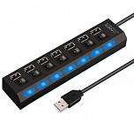 USB-концентратор (разветвитель, Хаб) GSMIN A78 на 7 портов, с подсветкой, черный, с выключателем/ кабель 43 см/ 1А/ 5В/ USB 2.0 , GSMIN
